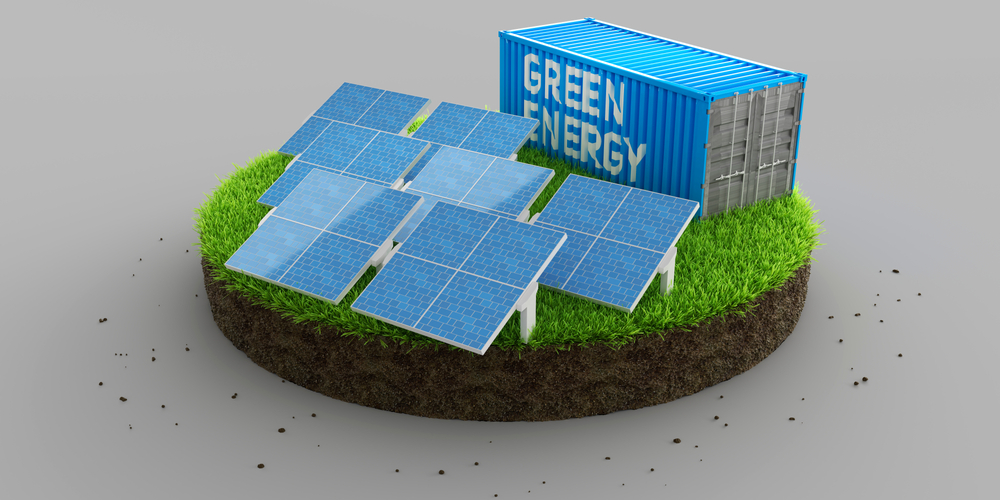 Ein Stück Rasen mit Solaranlage und der Aufschrift Green Energy