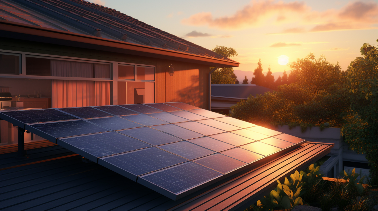 Die Abendsonne scheint auf ein fotorealistisches, schlankes Solarpanel, das auf dem Dach eines Vorstadthauses installiert ist.