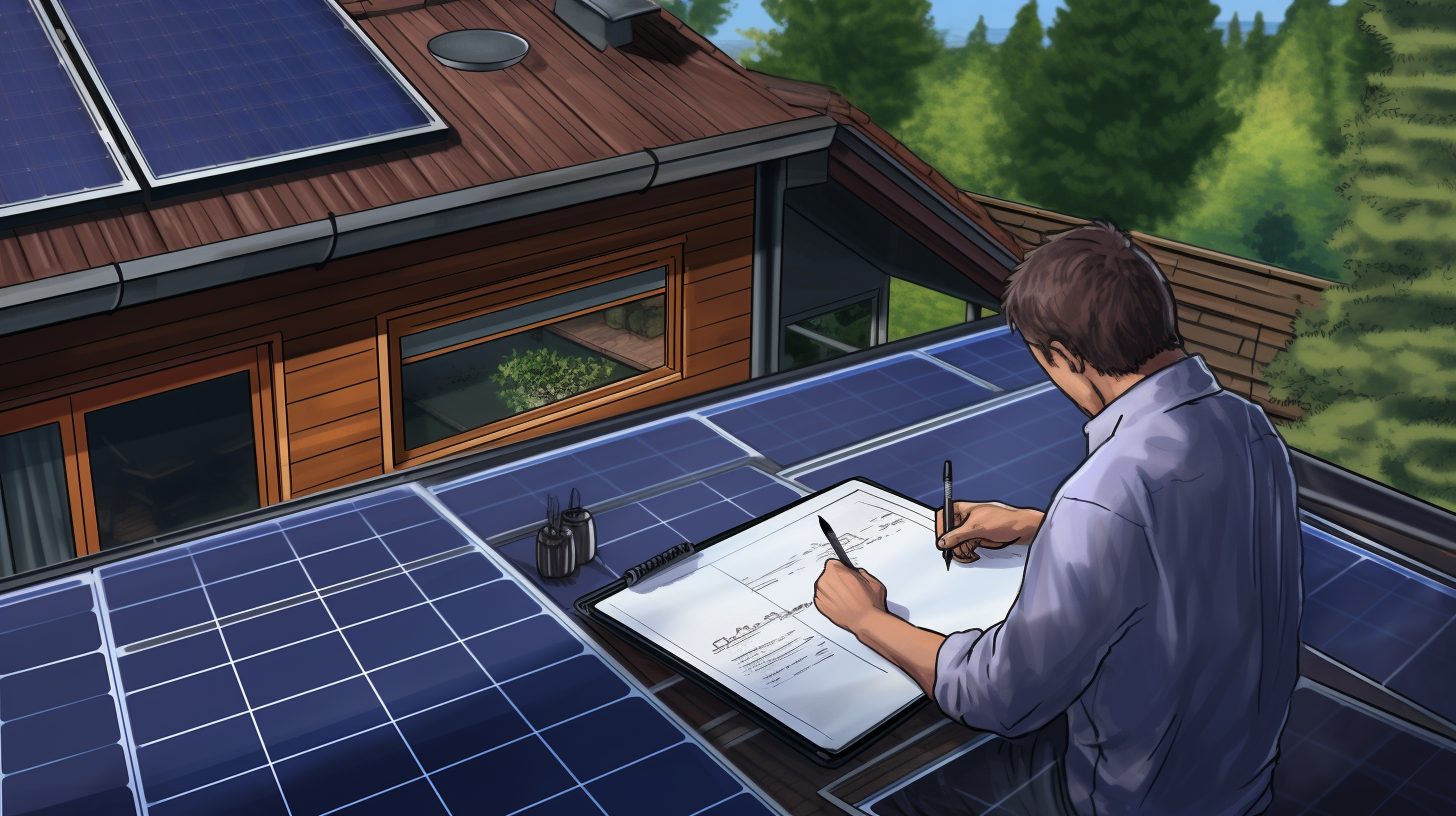 Eine Person, die ein Formular ausfüllt, um ihr Balkon-Solarpanel-System beim örtlichen Energieversorger anzumelden.
