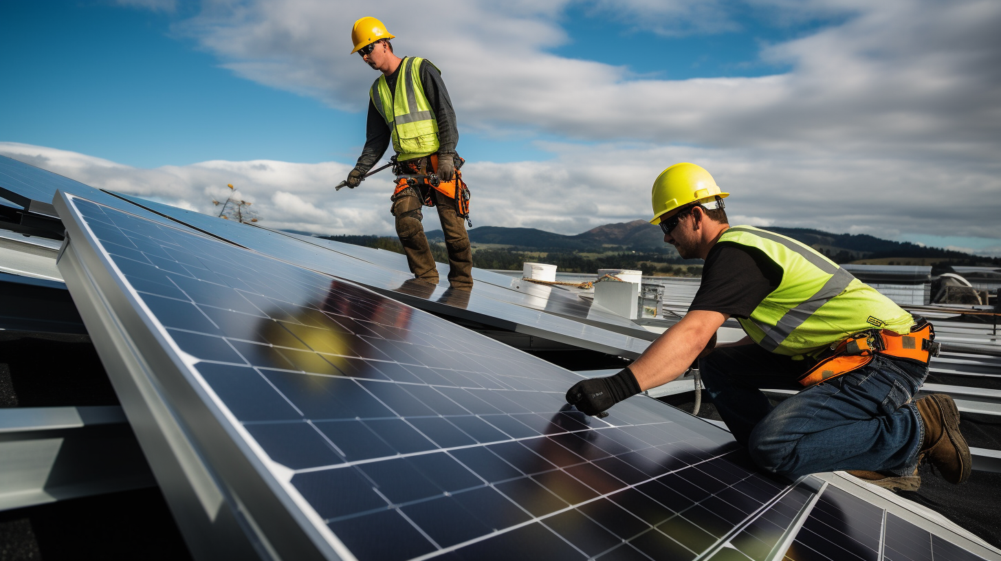 Eine Gruppe von Arbeitern, die Solarmodule auf einem Dach installieren, zeigen die praktische Seite von dem, was der Artikel bespricht.
