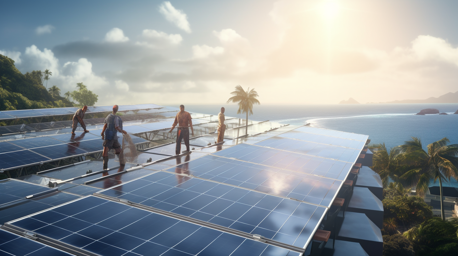 Eine Gruppe von Arbeitern installiert Solarzellen auf einer tropischen Insel.