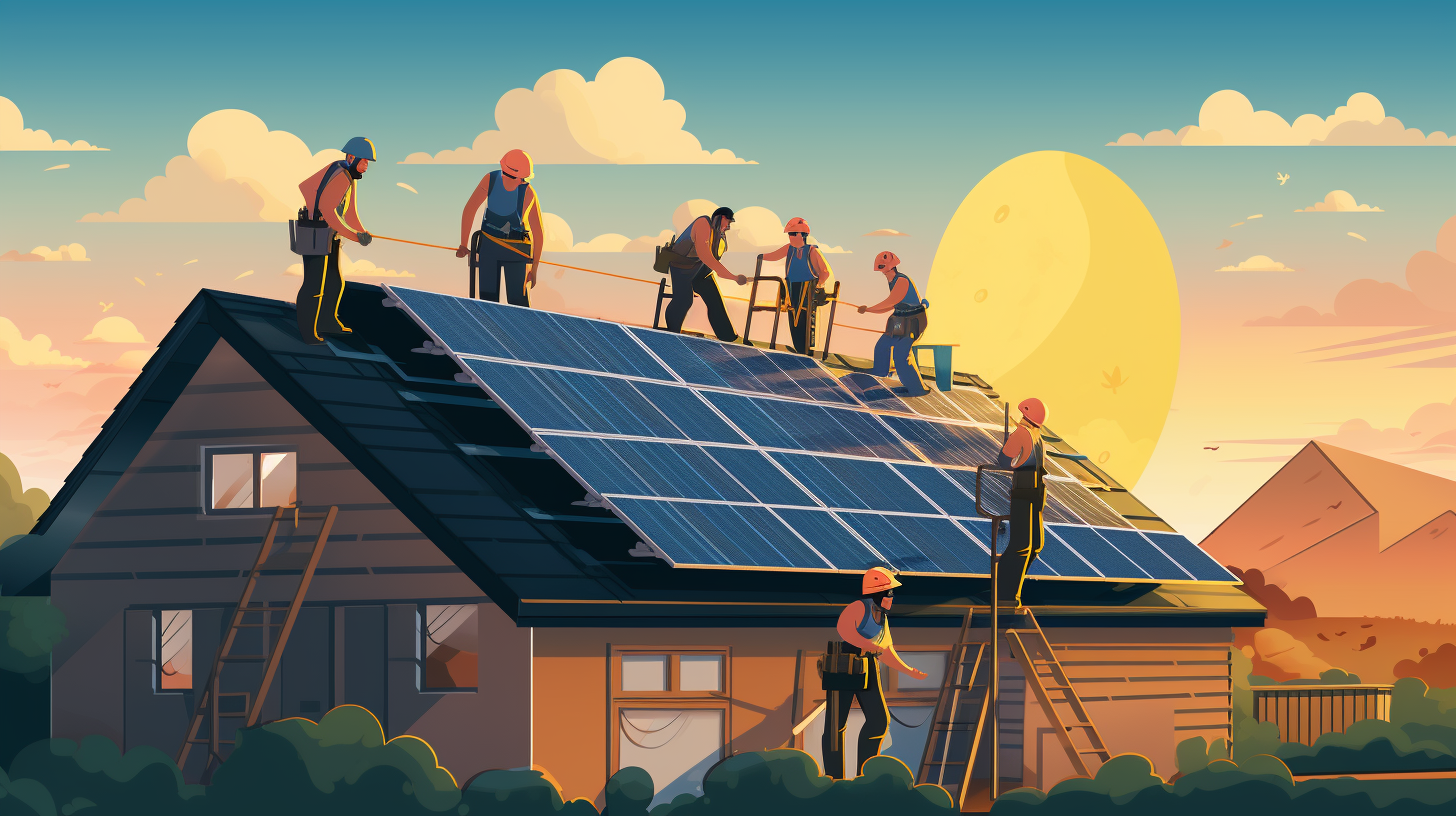 Eine Gruppe von Arbeitern bei der Montage von Solarpaneelen auf dem Dach eines Hauses, die den praktischen Aspekt der Nutzung erneuerbarer Energien betonen.