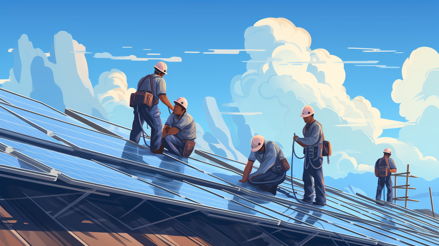 Eine Gruppe von Arbeitern, die an einem sonnigen Tag Solarmodule auf einem Dach montieren.