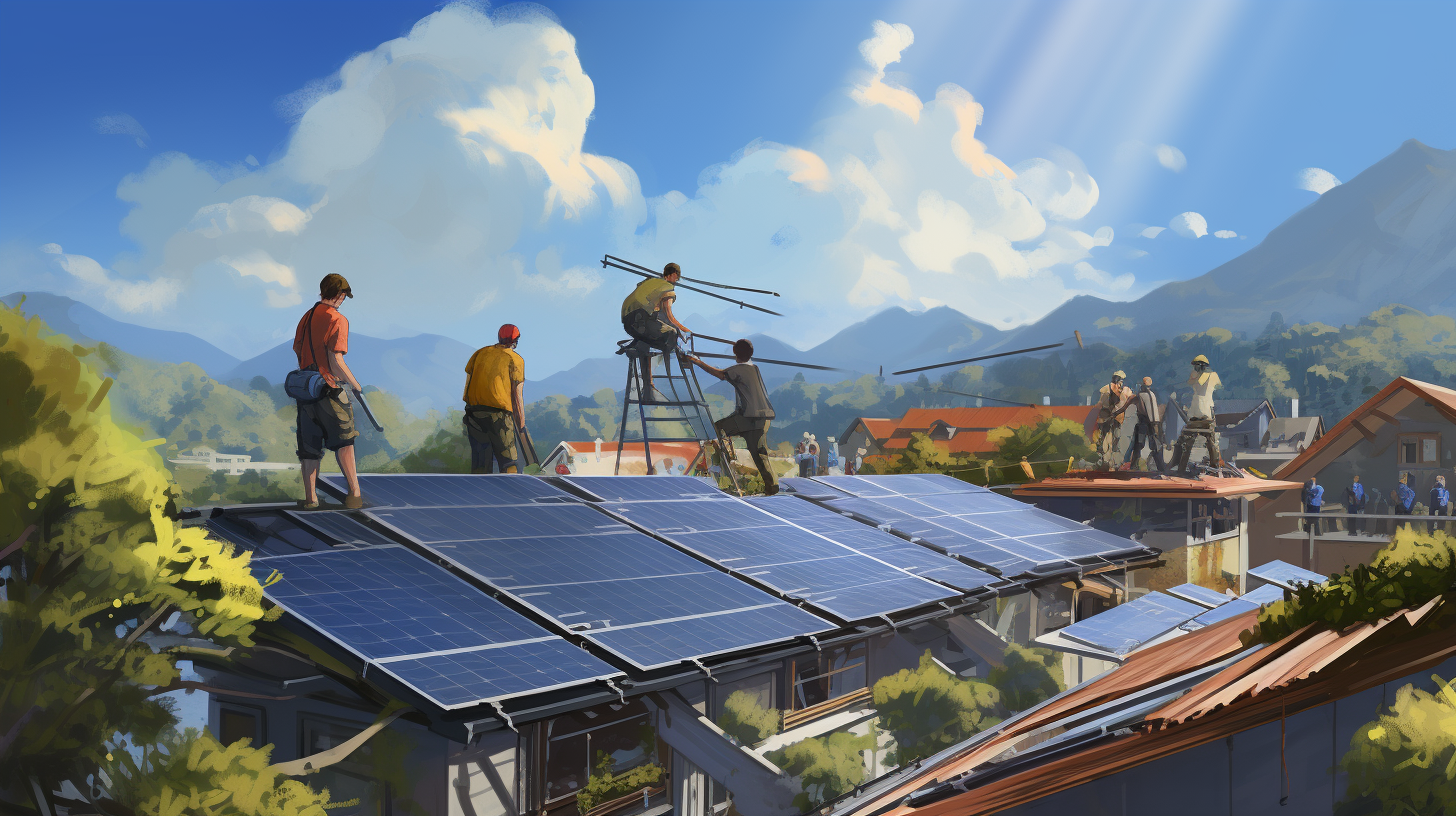 Solarmodule werden um die Mittagszeit von Arbeitern auf einem Dach installiert.