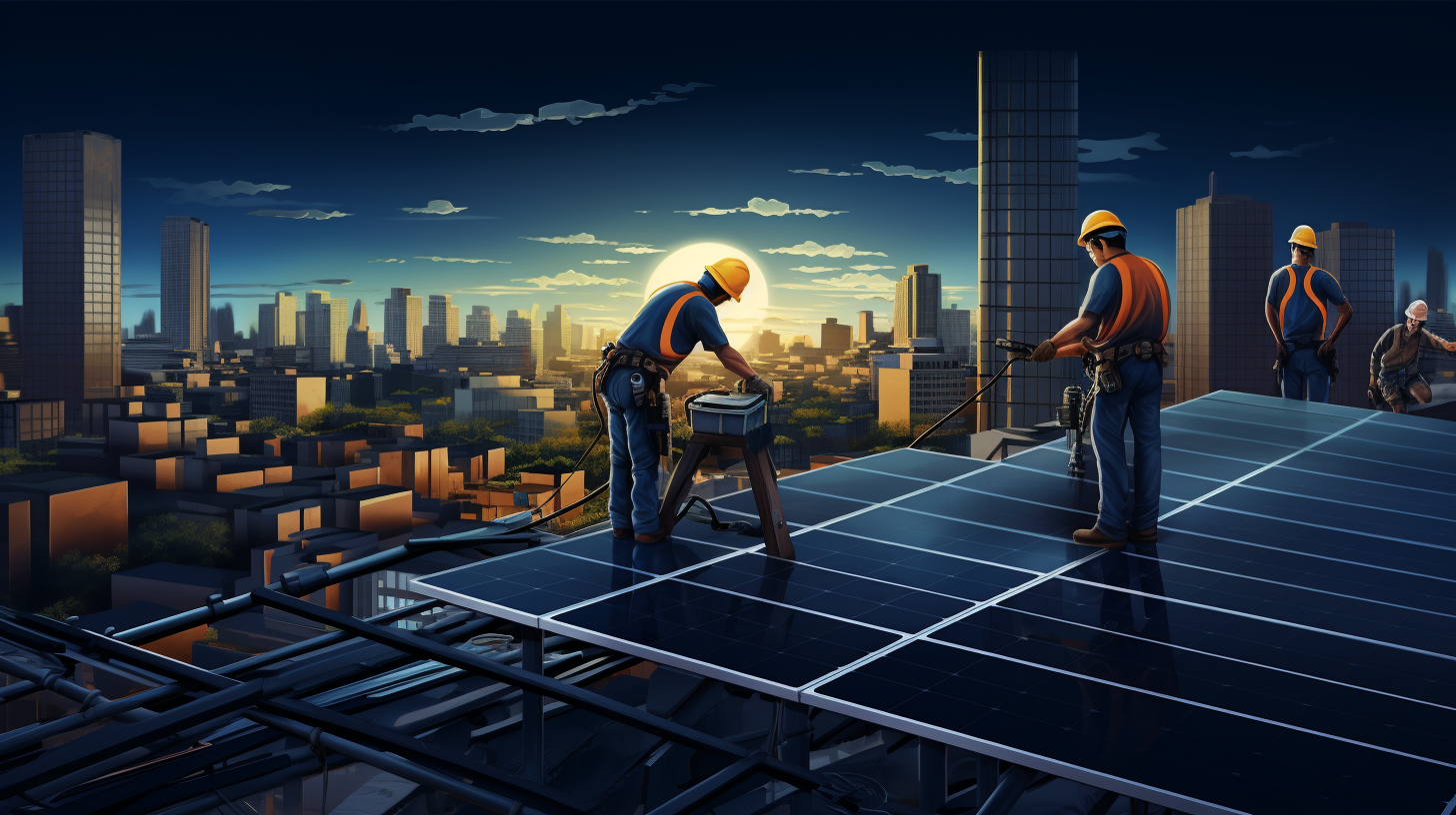 Arbeiter montieren Solarzellen auf einem Dach