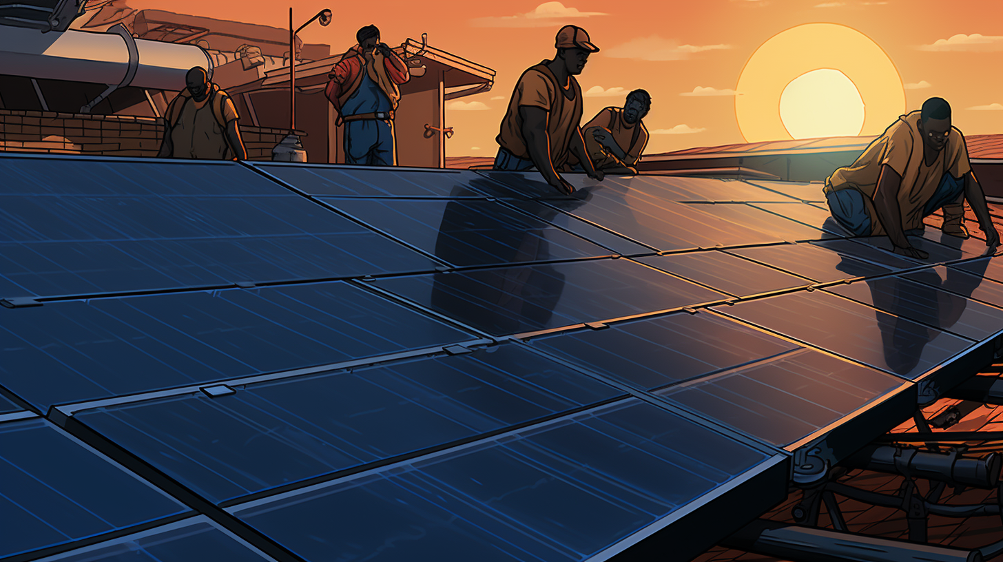 Eine Gruppe von Arbeitern installiert unter der Aufsicht eines Sicherheitsbeauftragten ein großes Solarmodul.