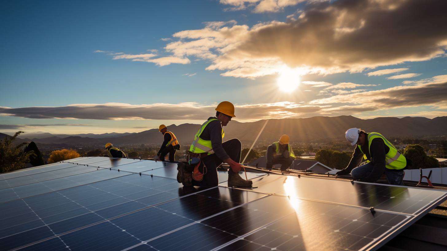 Eine Gruppe von Arbeitern montiert Photovoltaik-Solarpaneele auf dem Dach eines Hauses.