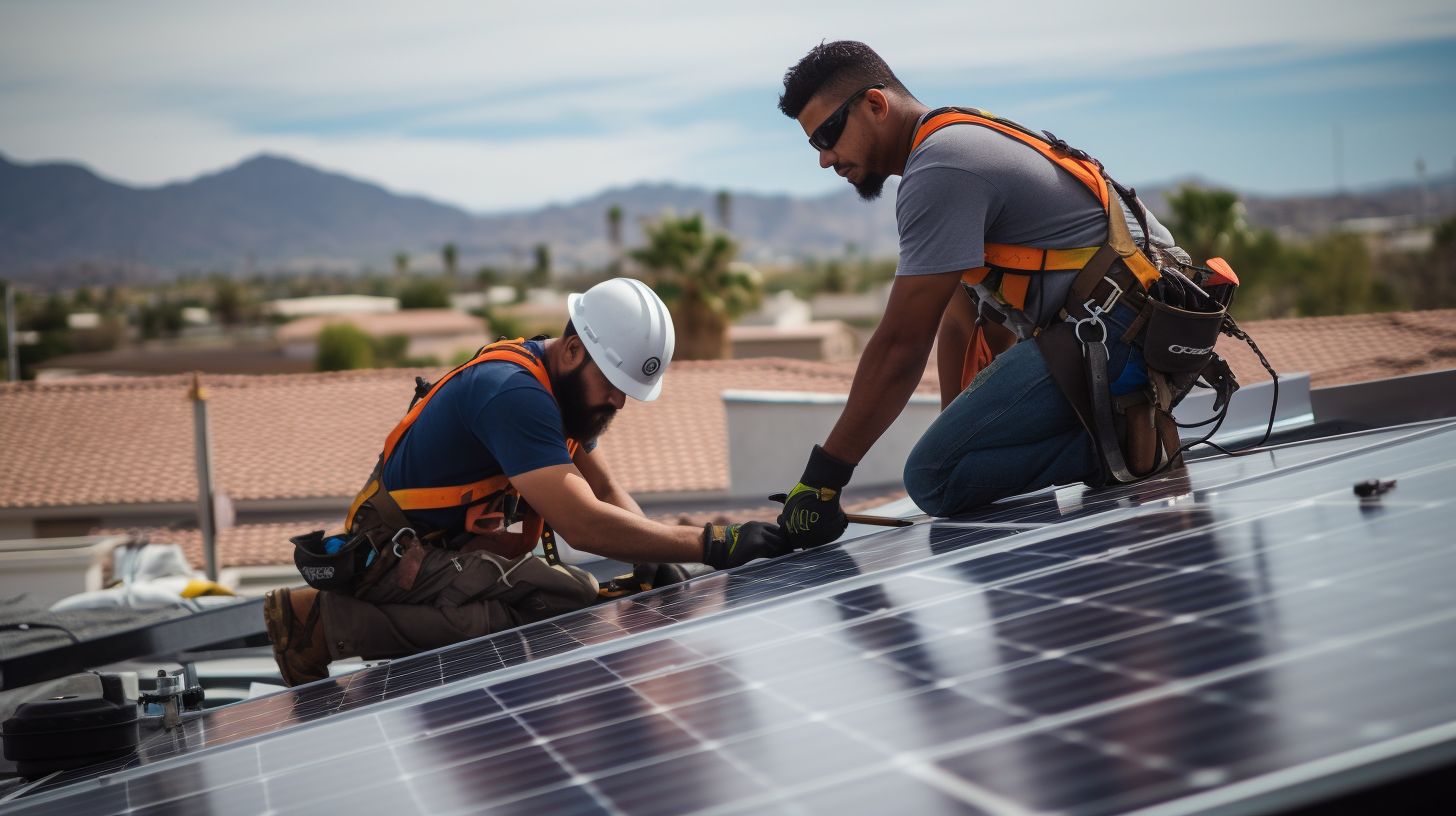 Eine Gruppe von Arbeitern bei der Installation von Solarmodulen auf einem Dach, was den Arbeitsaufwand des Installationsprozesses veranschaulicht.