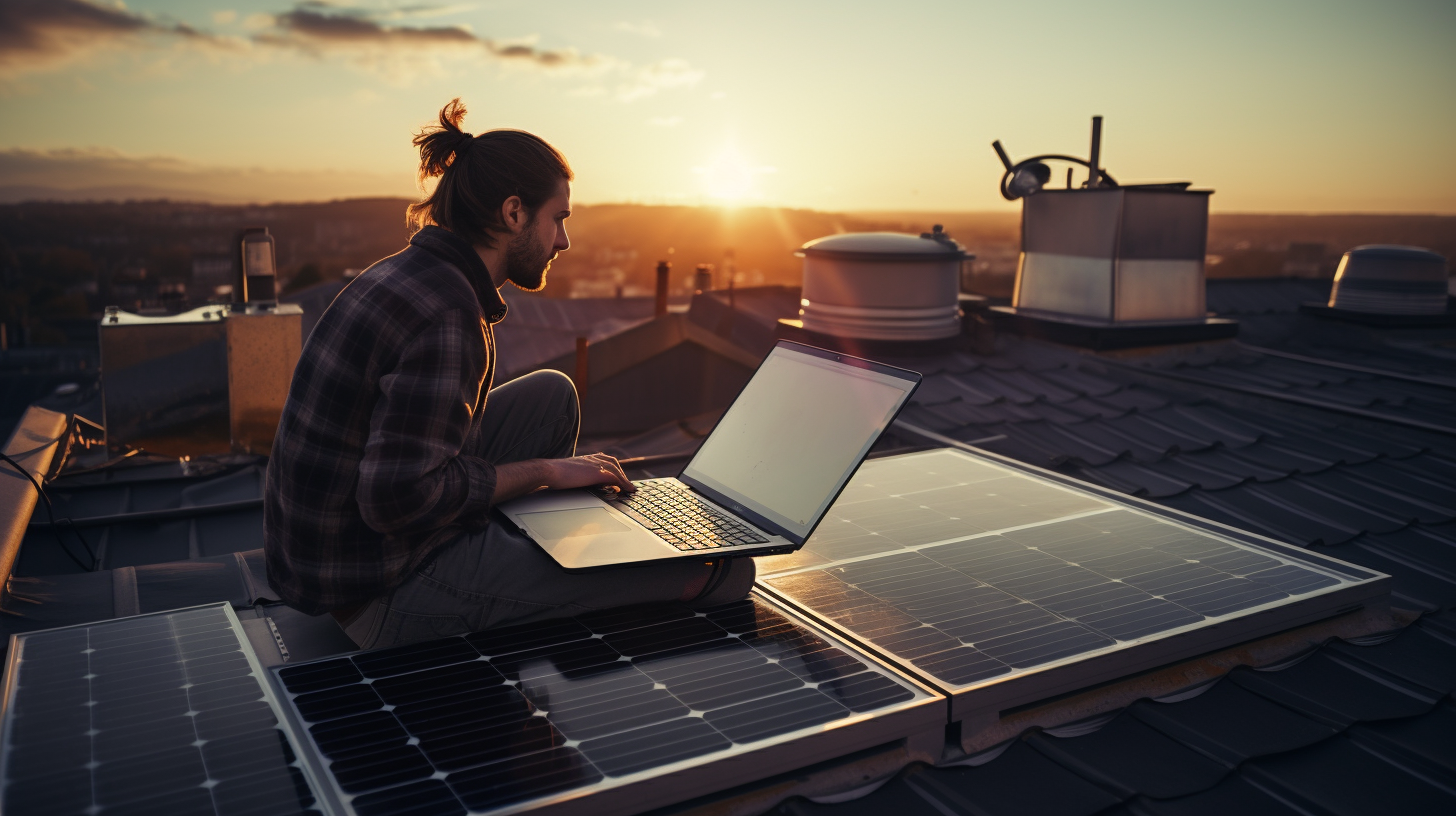 Eine Person arbeitet an einem Solarmodul auf dem Dach und überprüft anschließend das Systemmonitoring auf dem Laptop.