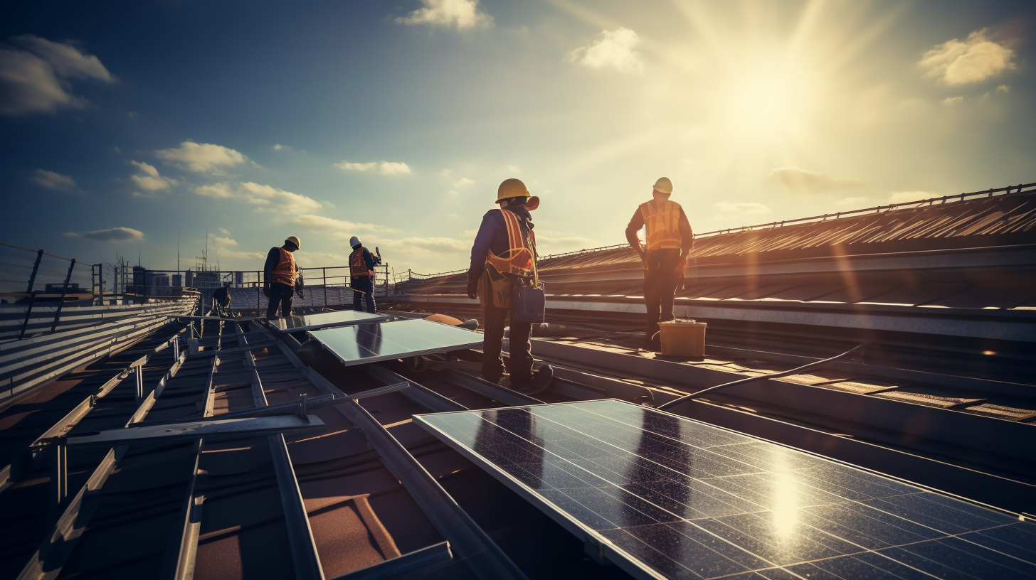 Ein Team von Arbeitern montiert Solarmodule auf einem Dach, mit allen notwendigen Sicherheitsausrüstungen und Werkzeugen. Die Sonne scheint hell und der Himmel ist klar.