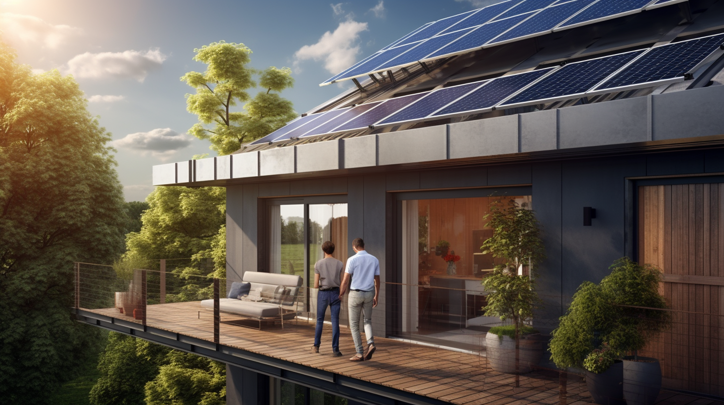 Ein kleiner Wohnbalkon, ausgestattet mit Solarzellen zur Nutzung der Solarenergie und ein aufgeregter Hausbesitzer, der die Struktur betrachtet.