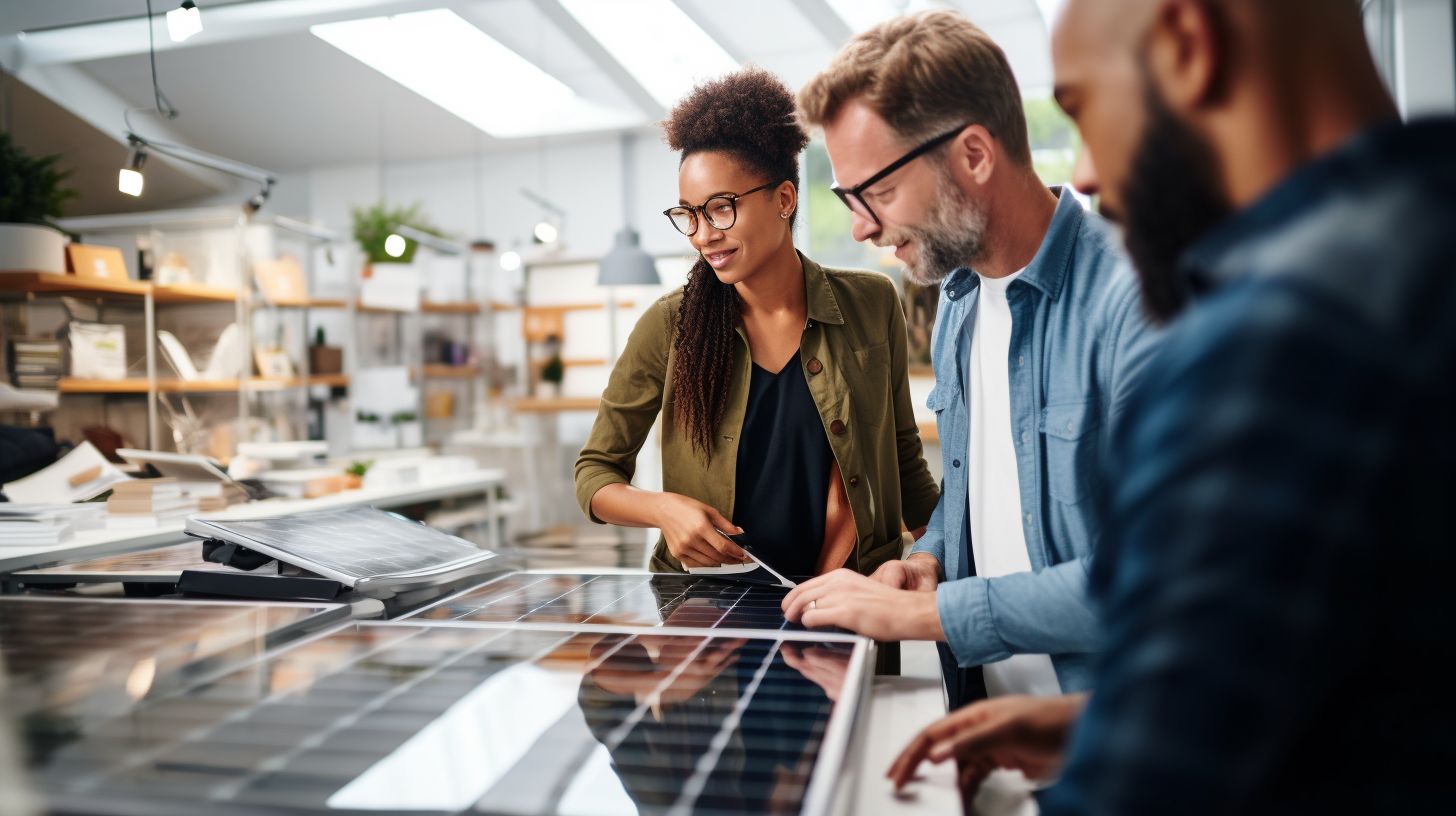 Eine Gruppe von Menschen analysiert verschiedene Solarmodelltypen in einem Geschäft, einige Modelle werden ausgestellt, während ein Fachmann die Unterschiede erklärt.