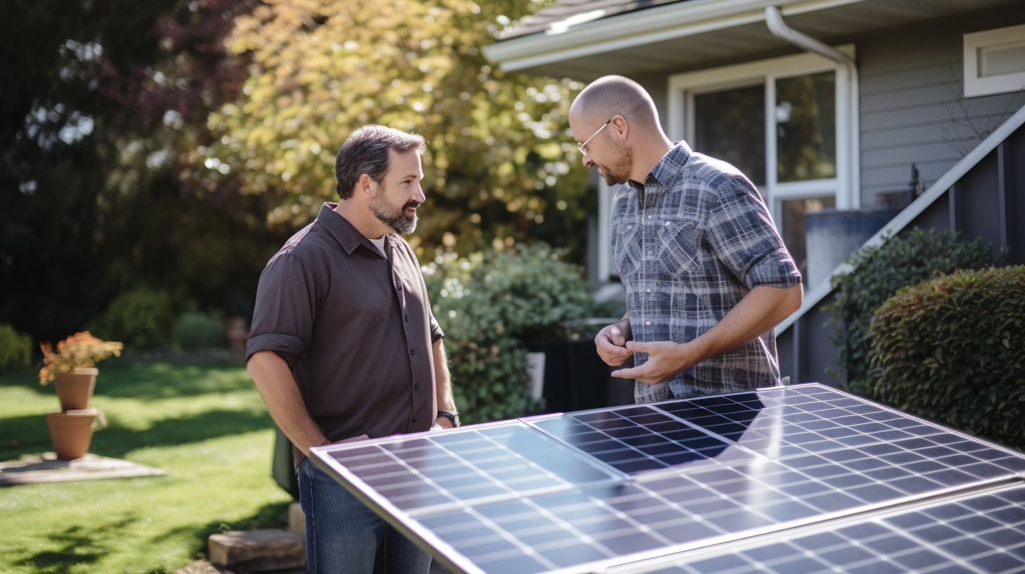 Eine Person, die sich mit einem Solarenergie-Experten über den Installationsprozess in ihrem Hinterhof berät.