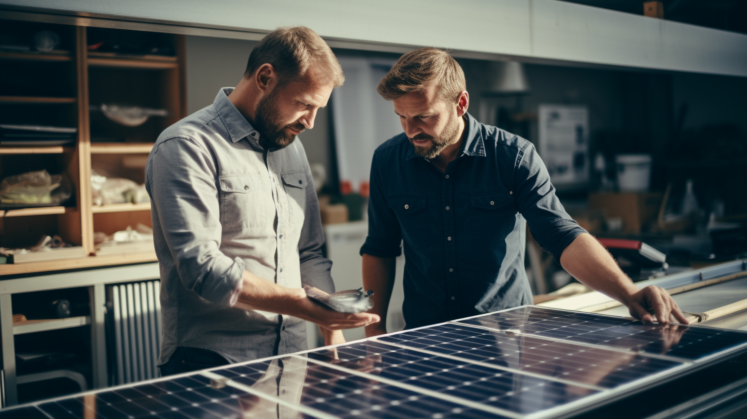 Ein Fachmann und ein Hausbesitzer diskutieren über die Pläne zur Installation eines Solarmodulsystems