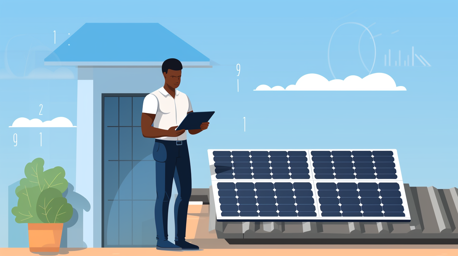 Eine Person steht auf einem Balkon neben einem installierten kleinen Solarmodul mit einem Speichergerät. Sie hält einen Taschenrechner und ein Notizbuch, vermutlich um die Kosten und Effizienz der Solaranlage zu berechnen.