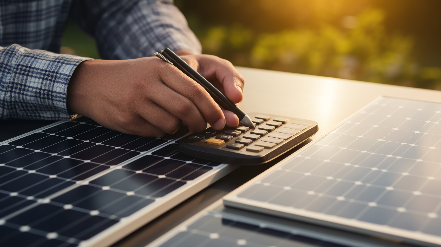 Eine Person berechnet die Kosten ihrer Solaranlagen in einem Notizbuch, während im Hintergrund Solarpaneele zu sehen sind.