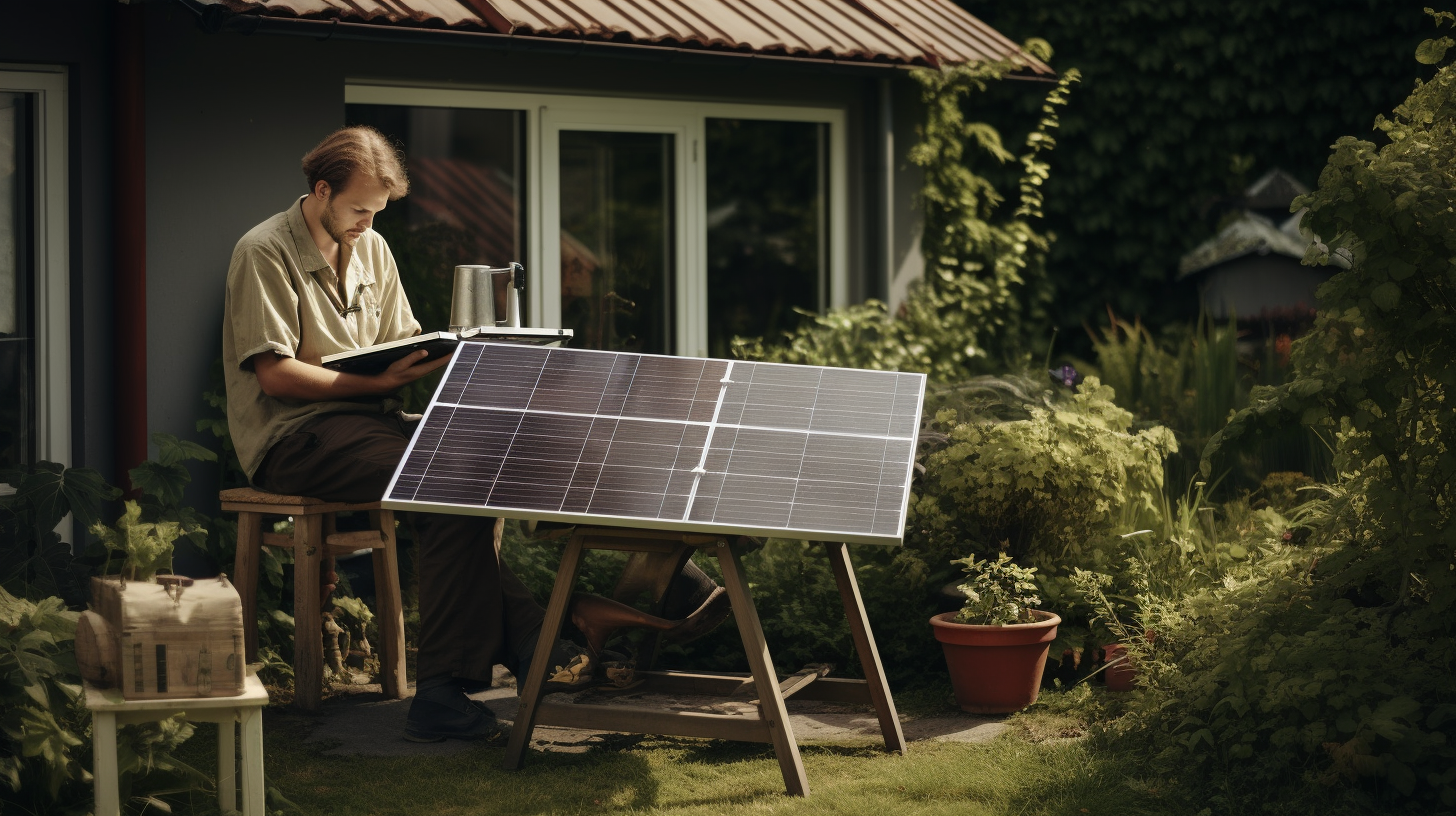 Eine Person kalkuliert auf einem Taschenrechner die Kosten für die Einrichtung einer Solaranlage im eigenen Garten.