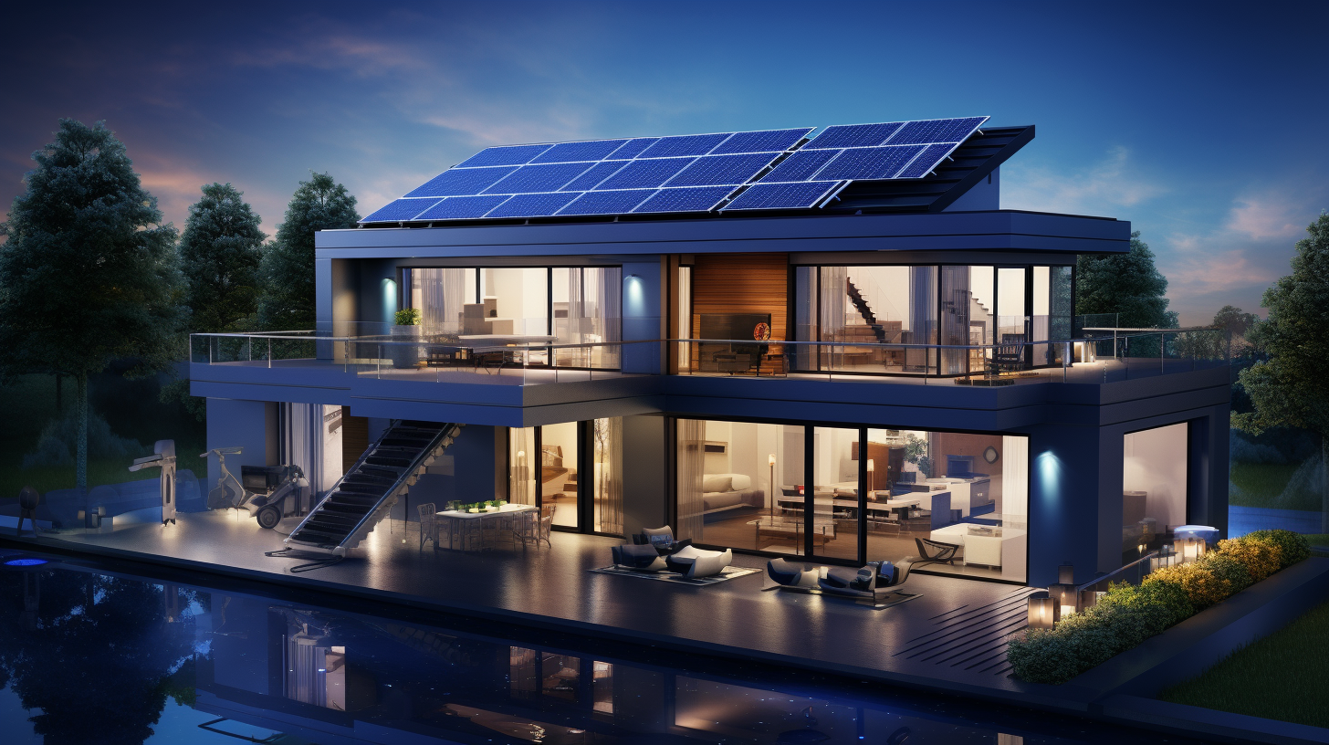Ein Blick in die Zukunft der Energieerzeugung, in der Menschen mit moderner Solartechnologie interagieren, beispielsweise durch die Integration von Smart Homes, Solardachziegeln und verbesserten Energiespeichersystemen.