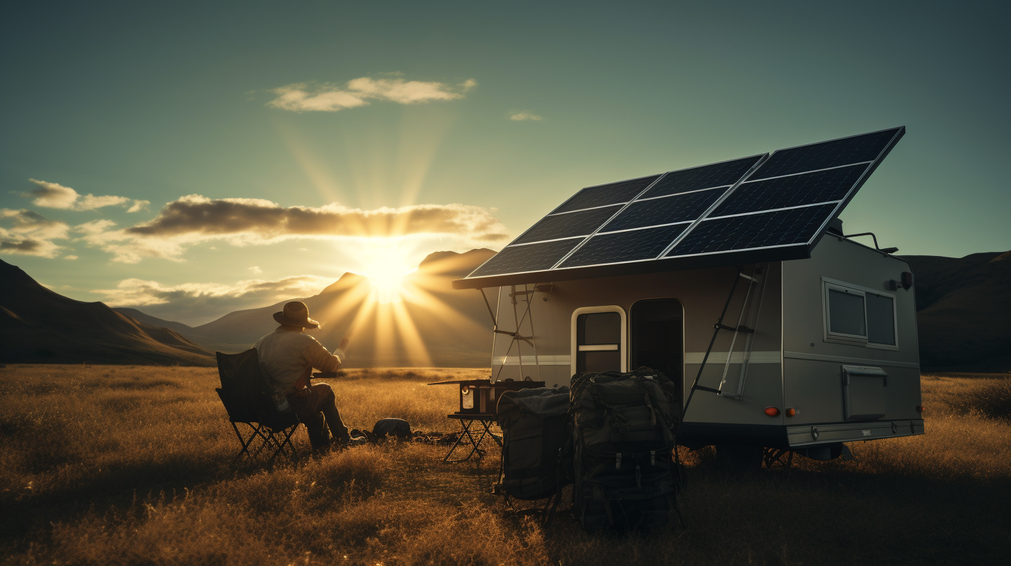 Ein Camper, der sein tragbares Solarpanel so ausrichtet, dass es zur Sonne zeigt, um maximale Effizienz zu erzielen