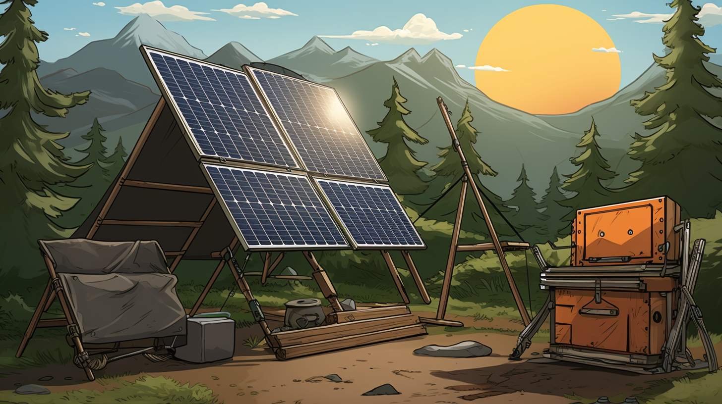 Eine detaillierte Darstellung eines tragbaren Camping-Solarmoduls, das an einem sonnigen Ort im Freien aufgestellt ist, wobei mehrere Module auf die Sonne gerichtet sind.