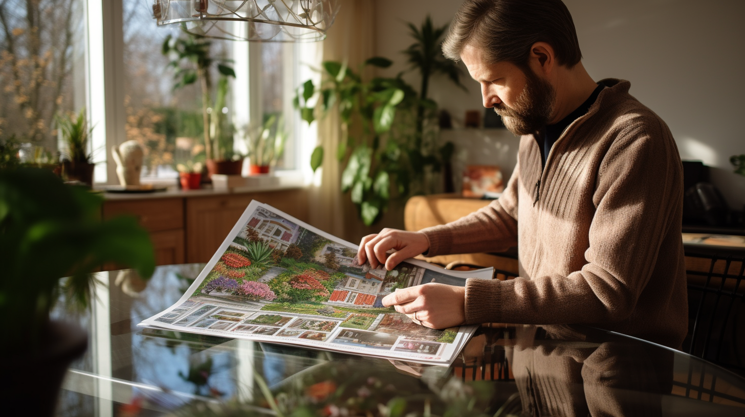 Ein deutscher Hausbesitzer, der sorgfältig über die Vor- und Nachteile nachdenkt, einen Wintergarten aus Polen zu kaufen, mit einem Prospekt polnischer Wintergartendesigns in der Hand.