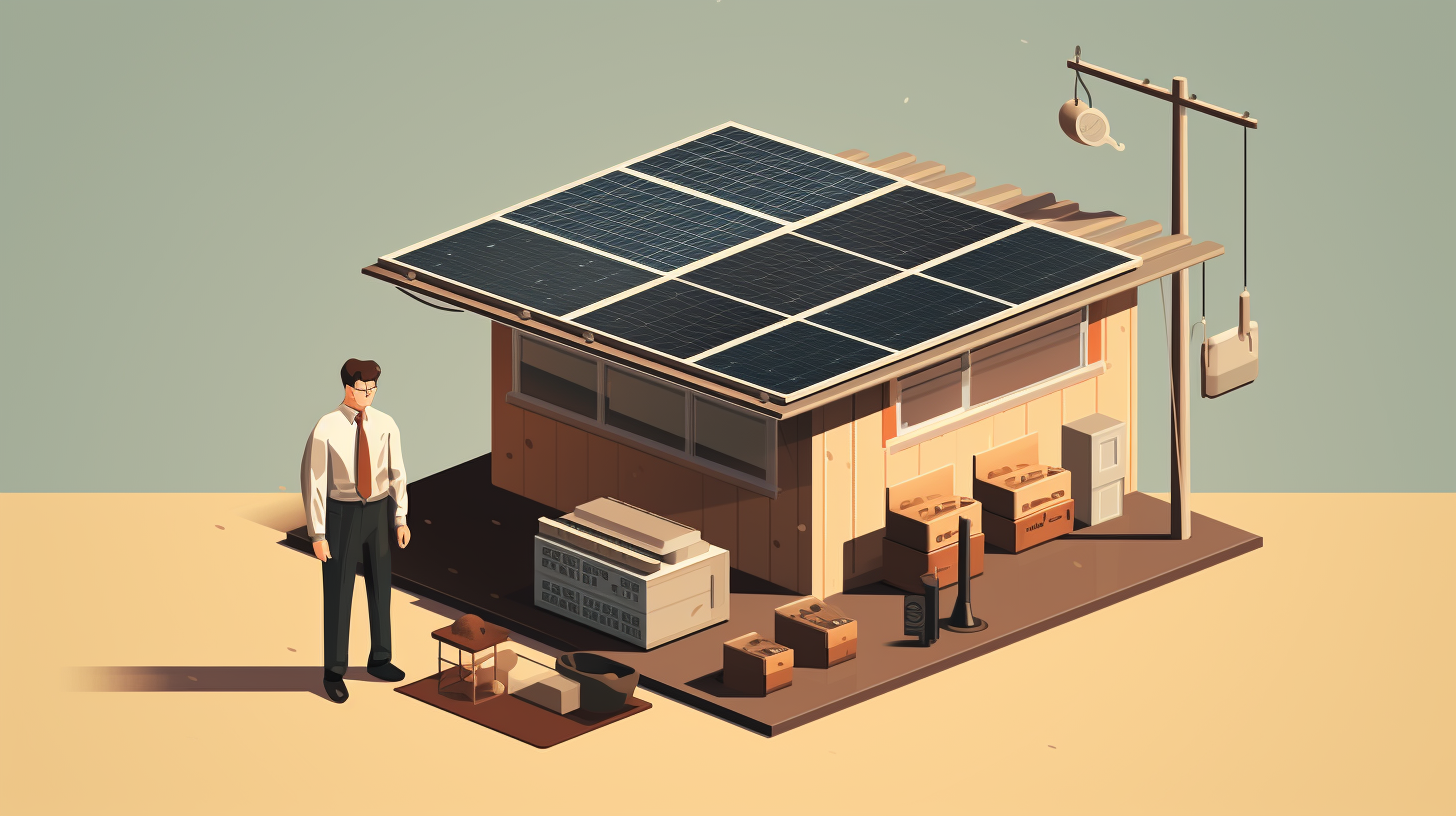 Eine Person überlegt, ob sie in ein kleines Solaranlagen-System mit Speicher investieren soll, steht neben einem installierten System und betrachtet es genau.