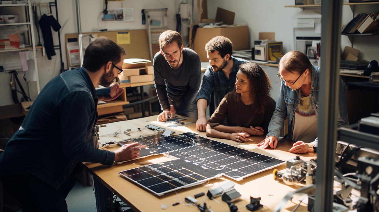 Eine Gruppe von Menschen diskutiert in einem Workshop über ein auf dem Tisch liegendes Solarmodul.