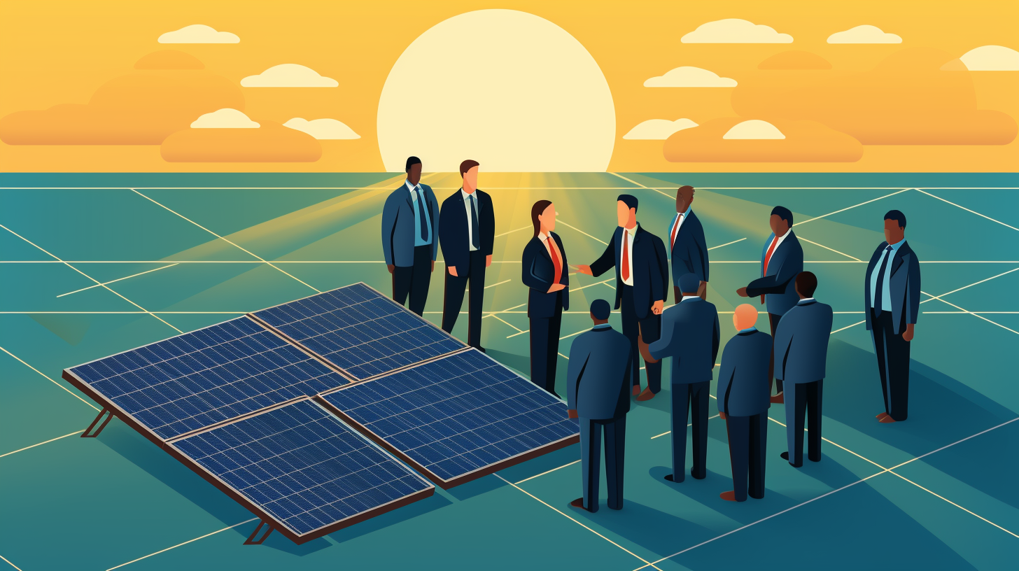 Eine Gruppe von Menschen steht um ein Solarmodul herum und diskutiert über die Vorteile und Komplexitäten verschiedener Solarpanel-Subventionen.