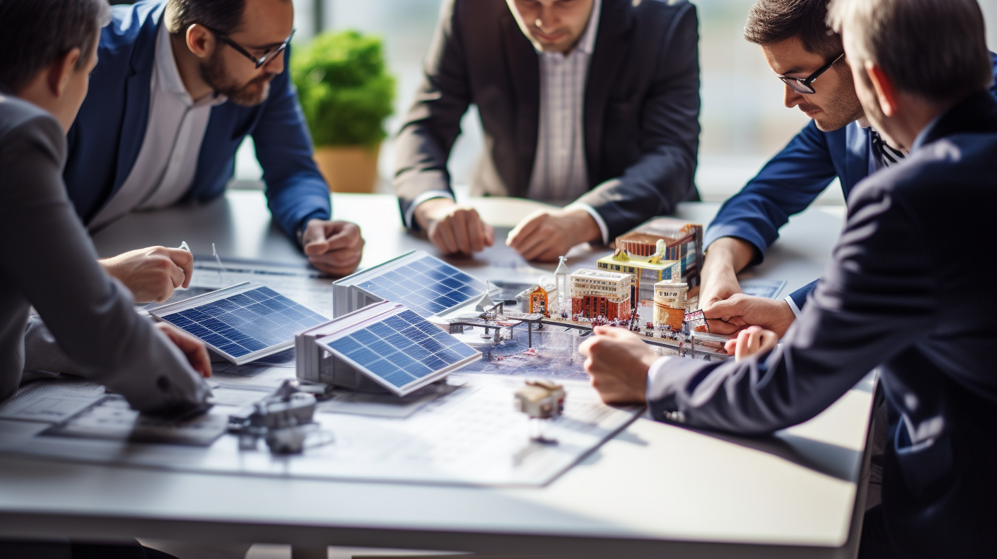 Eine Gruppe von Menschen diskutiert über ein Modell einer Solaranlage, das auf einem Tisch liegt. Das Bild symbolisiert eine ernsthafte Diskussion über den Kauf und die Installation einer Photovoltaik-Anlage.