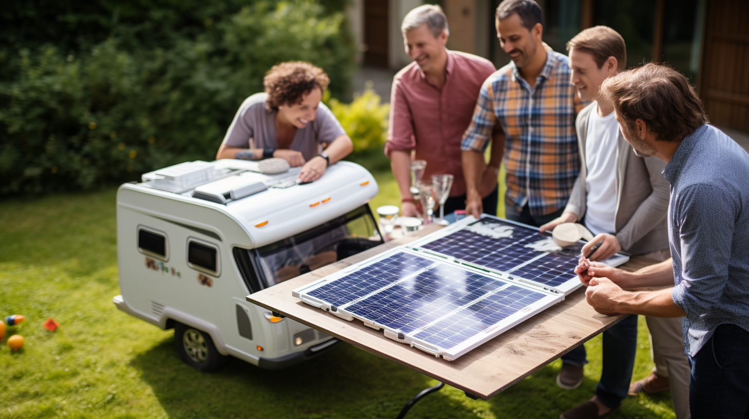 Menschen stehen um einen Tisch herum, schauen sich verschiedene Modelle von Solarpaneelen an und diskutieren, welches für einen Wohnwagen am geeignetsten wäre.