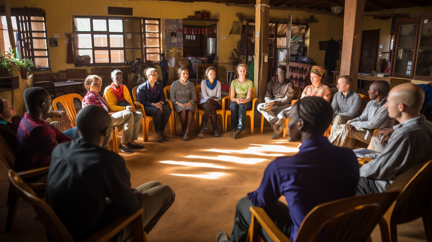 Ein Bild, das eine Gruppe von Menschen bei einer Gemeindeversammlung zeigt, die über lokale Initiativen zur Solarstrom-Finanzierung diskutieren.
