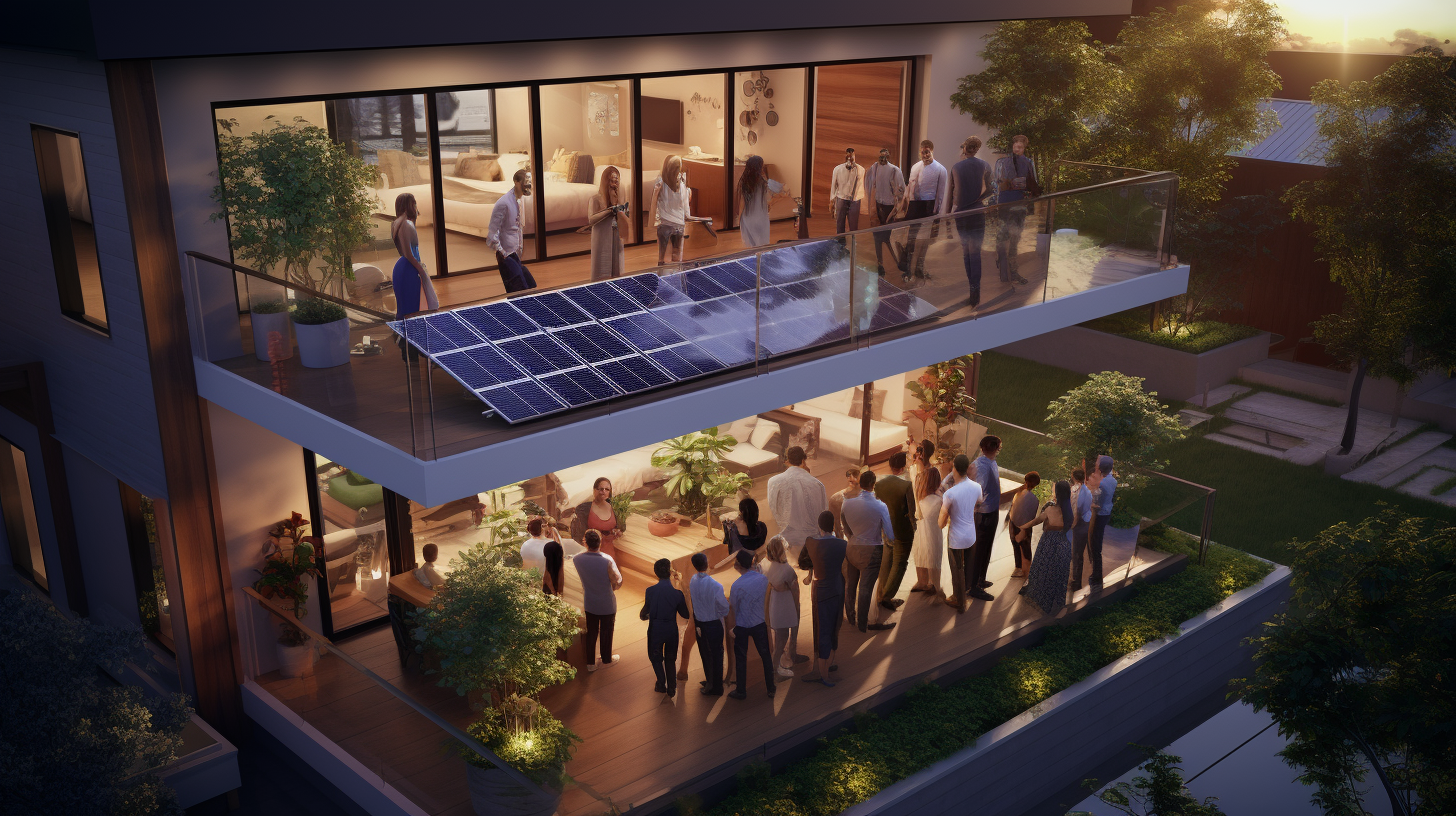 Eine Gruppe von Menschen diskutiert um ein Modell eines Hauses mit einem Solarmodulsystem auf dem Balkon und hebt kommende Trends in Bezug auf Solarmodulsysteme für Balkone hervor.