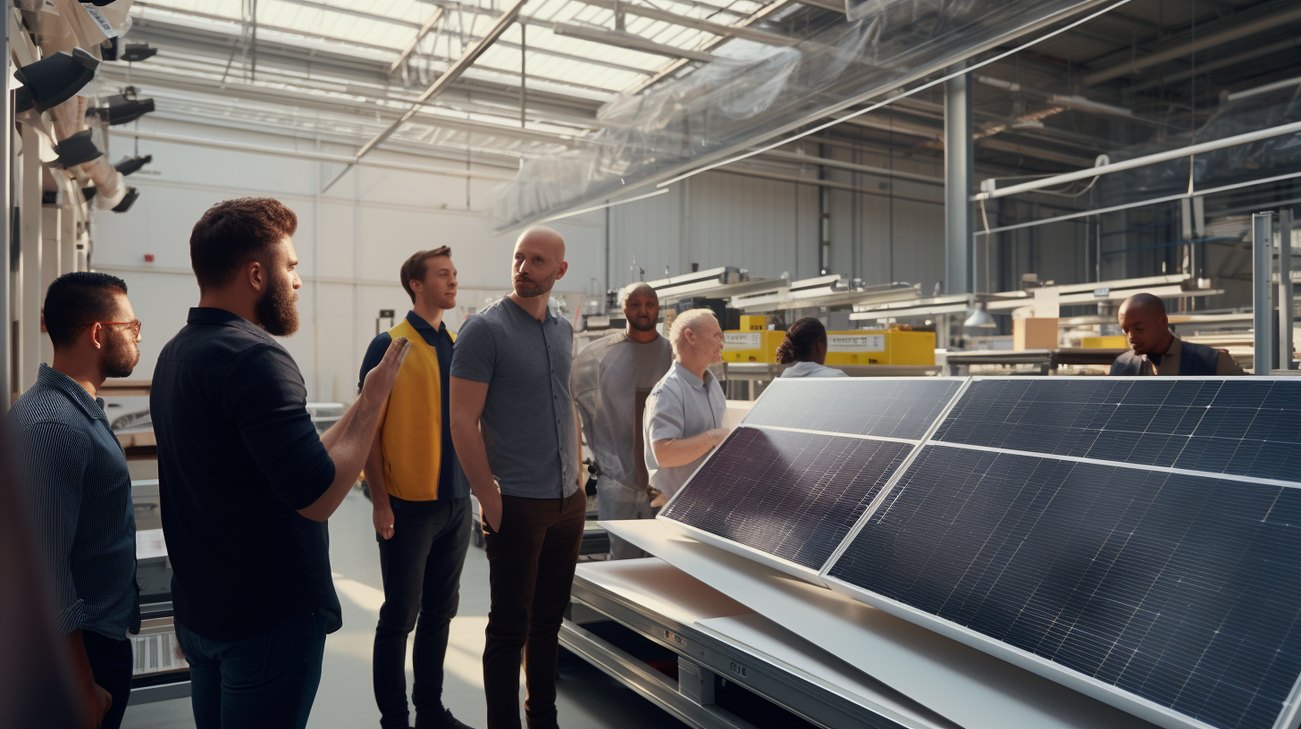 Eine Gruppe von Menschen steht um eine Ausstellung von IKEA-Solarpaneelen herum und diskutiert über die Produktspezifikationen und den Installationsprozess.