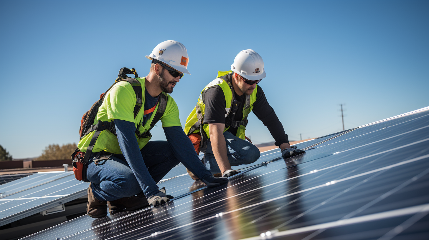 Eine Gruppe von EON-Ingenieuren installiert ein Solarpanel auf einem Dach, was das Engagement des Unternehmens für nachhaltige Energieproduktion symbolisiert.