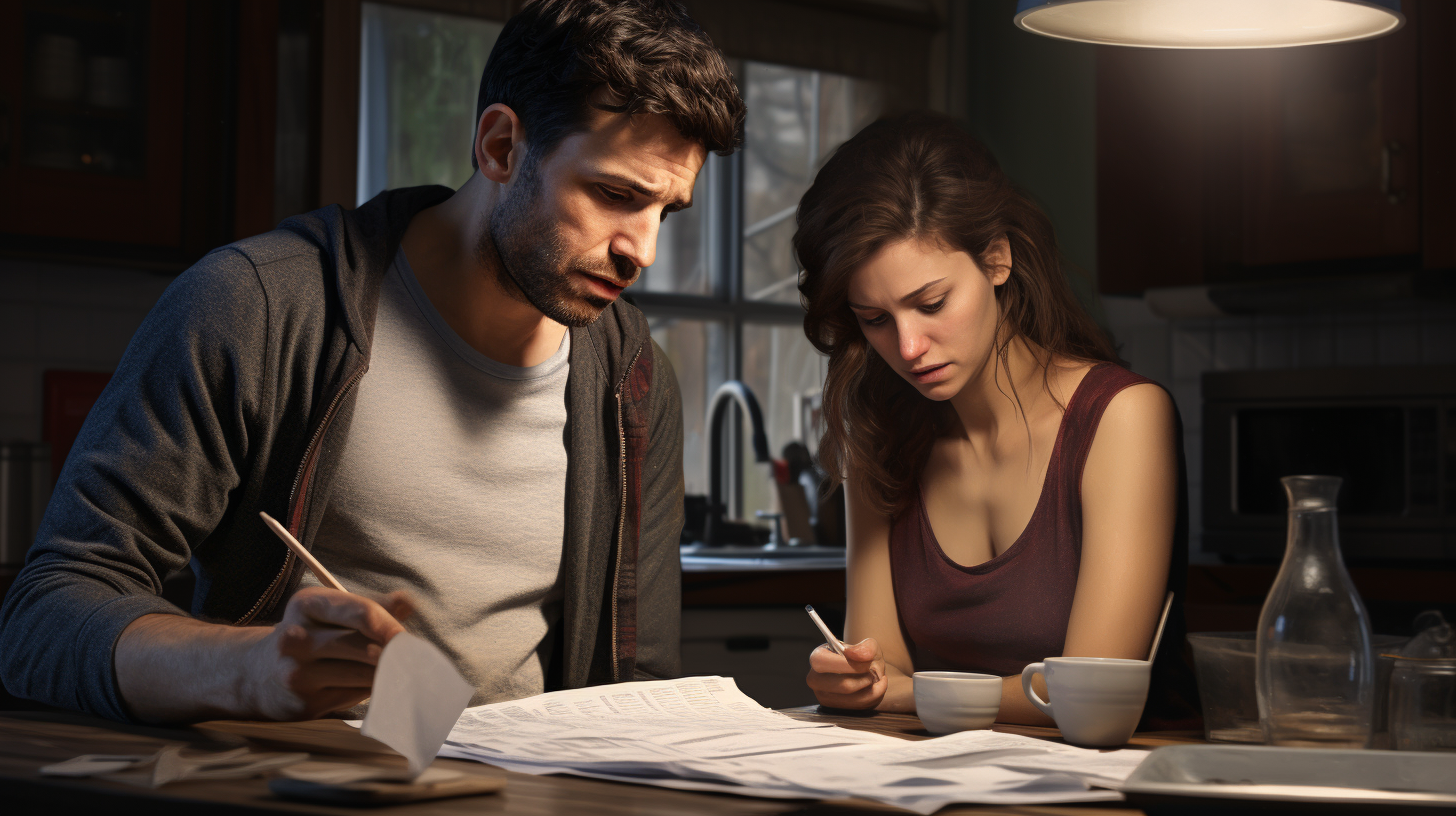Ein Paar, das seine Rechnungen liest und sein Budget auf dem Küchentisch organisiert.