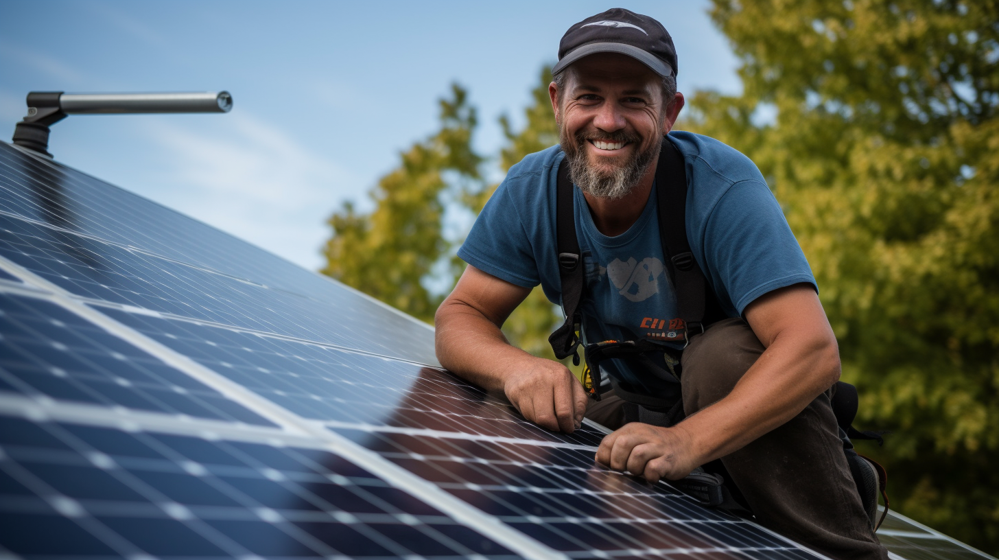 Ein glücklicher Hausbesitzer montiert ein kleines Solarmodul auf seinem Hausdach und demonstriert das Konzept der Energieunabhängigkeit und Nachhaltigkeit.