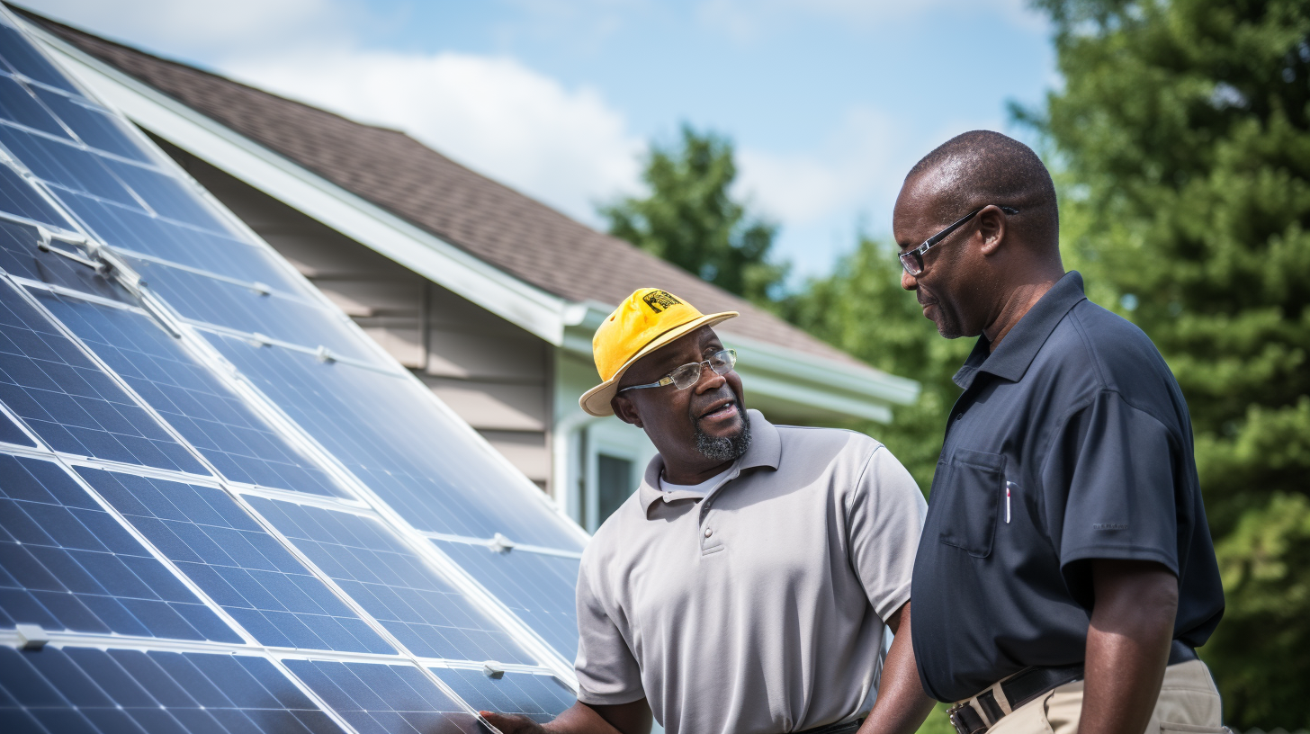 Ein Profi erläutert einem Hausbesitzer die Funktionsweise von Solarmodulen.