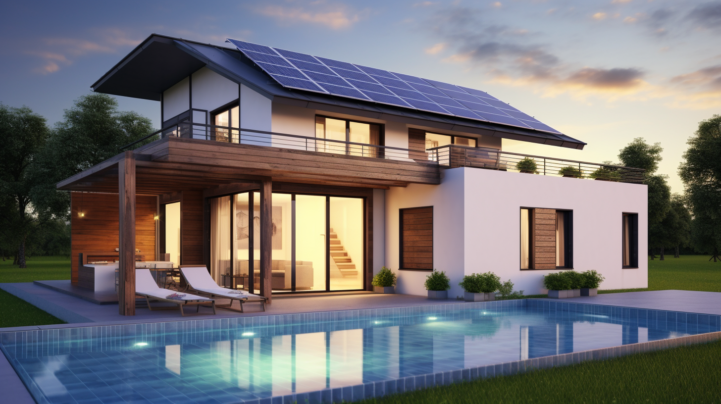 Ein Zuhause, dessen Dach mit Photovoltaikmodulen ausgestattet ist und die Energieunabhängigkeit zur Schau stellt.