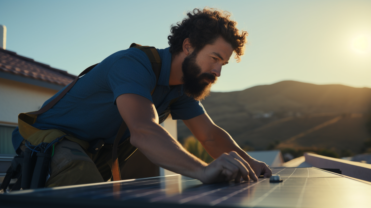 Bild eines professionellen Solartechnikers, der ein Dach inspiziert.