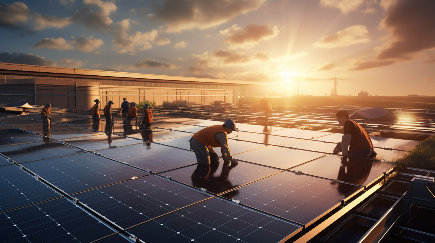 Eine Gruppe von Arbeitern installiert Solarmodule auf einem Dach. Das Bild konzentriert sich auf die großen Platten und den Arbeitsprozess, was einen Eindruck von Größe und Kosten vermittelt.