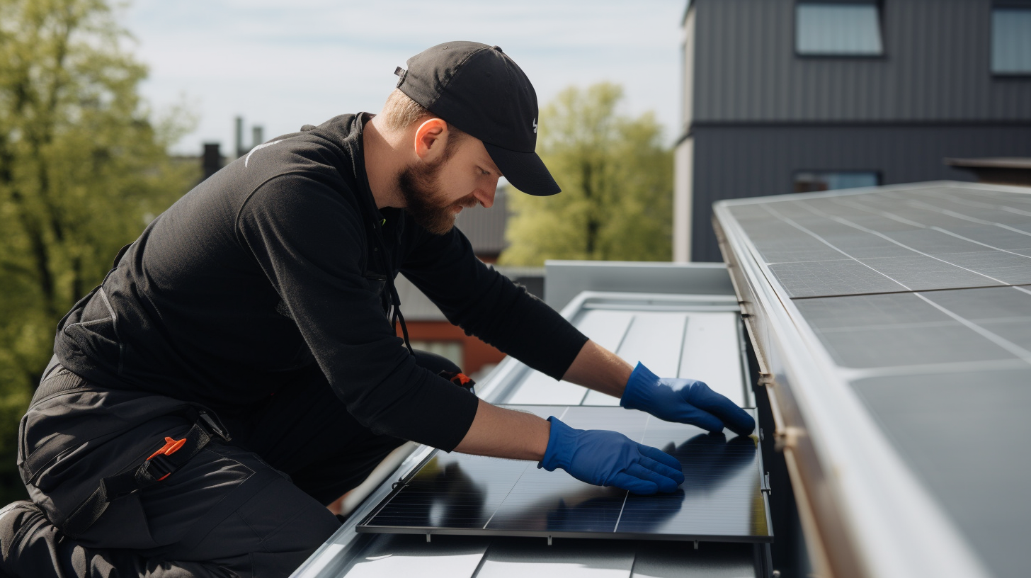 Eine Person montiert mit einem Schutzhut und Handschuhen ein Mini-Solarpanel auf einem Balkon und zeigt dabei die einfache Installation von Mini-Solarpaneelen.