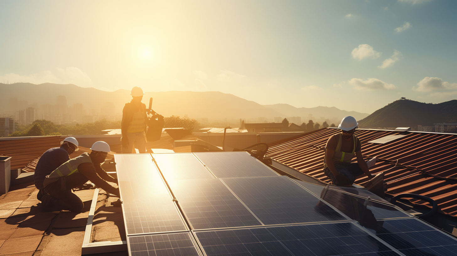 Eine Gruppe von Menschen montiert Solarpaneele auf einem Dach. Eine Person erklärt zwei anderen den Prozess, während sie arbeiten. Die Sonne scheint hell im Hintergrund.