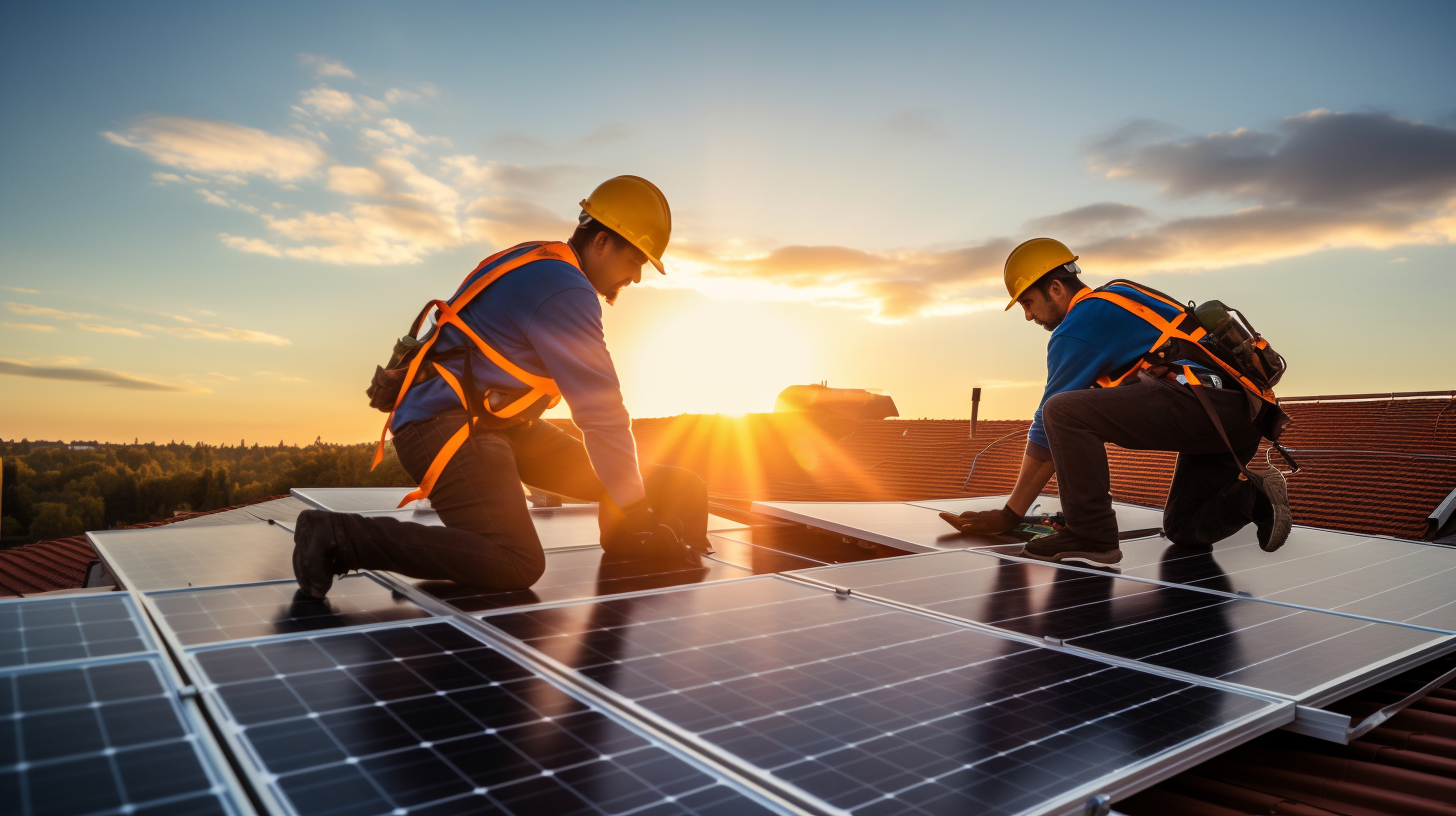 Zwei Elektriker installieren sorgfältig Solarpaneele auf einem Dach, um die optimale Richtung und den optimalen Winkel für die maximale Sonneneinstrahlung zu gewährleisten.