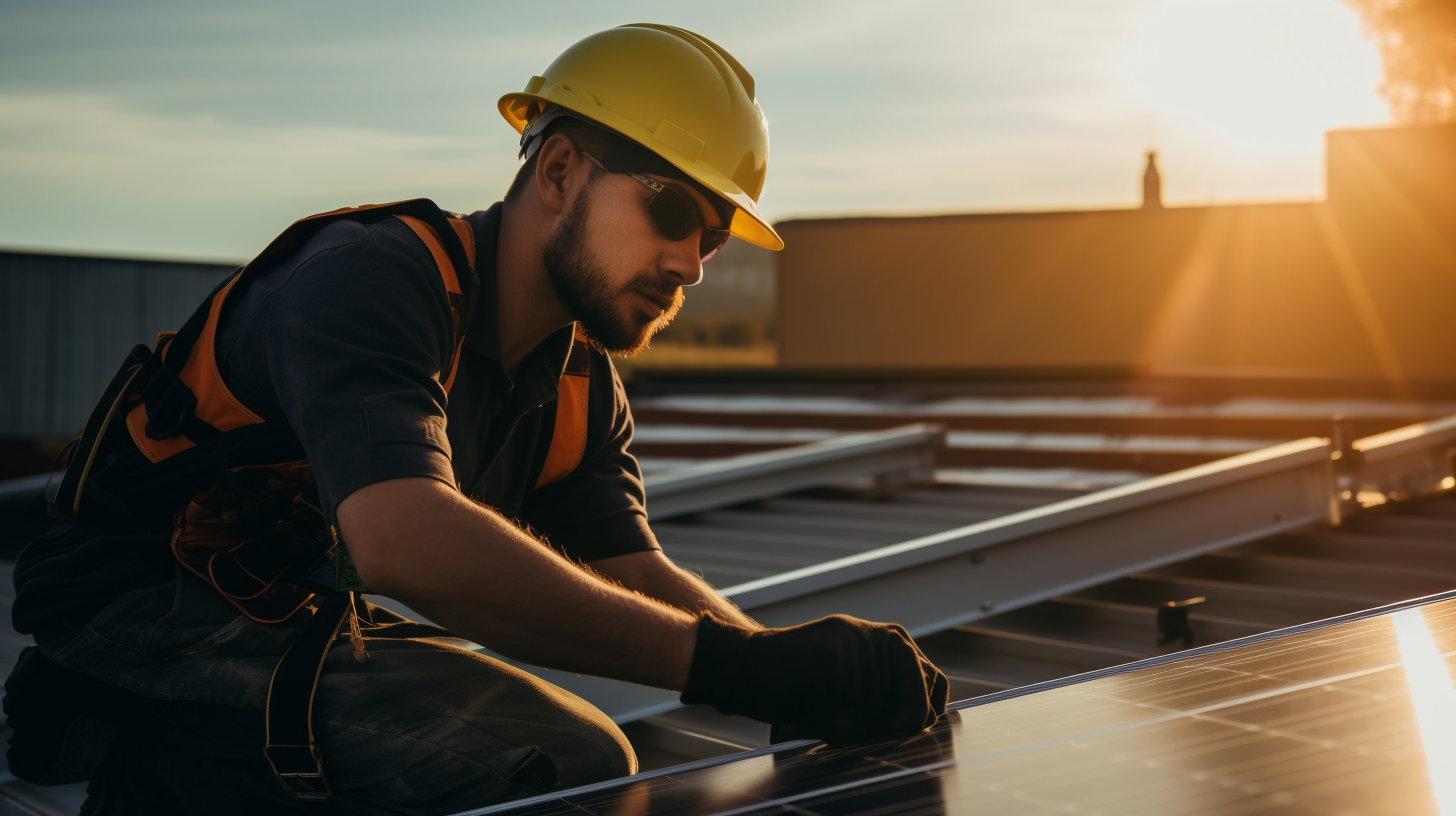 Bild eines Elektrikers, der sorgfältig ein Solarmodul auf einem Dach installiert.