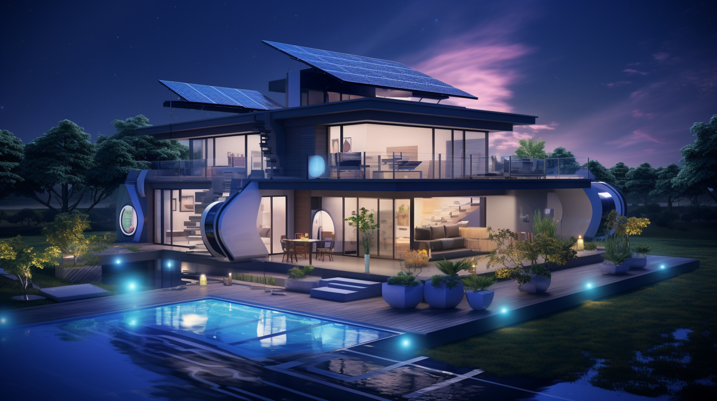 Eine Darstellung eines üblicherweise dimensionierten Familienheims mit einer 5000W Inselsolaranlage auf den Dächern, die ein energieeffizientes, umweltfreundliches Heimsetup präsentiert.