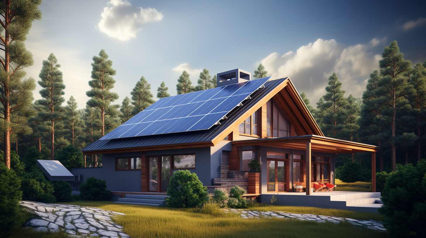 Ein Haus mit Solarpanels auf dem Dach, das symbolisiert ein Zuhause, das durch die Nutzung von autonomen Solarenergiesystemen eine Energieunabhängigkeit erreicht hat.