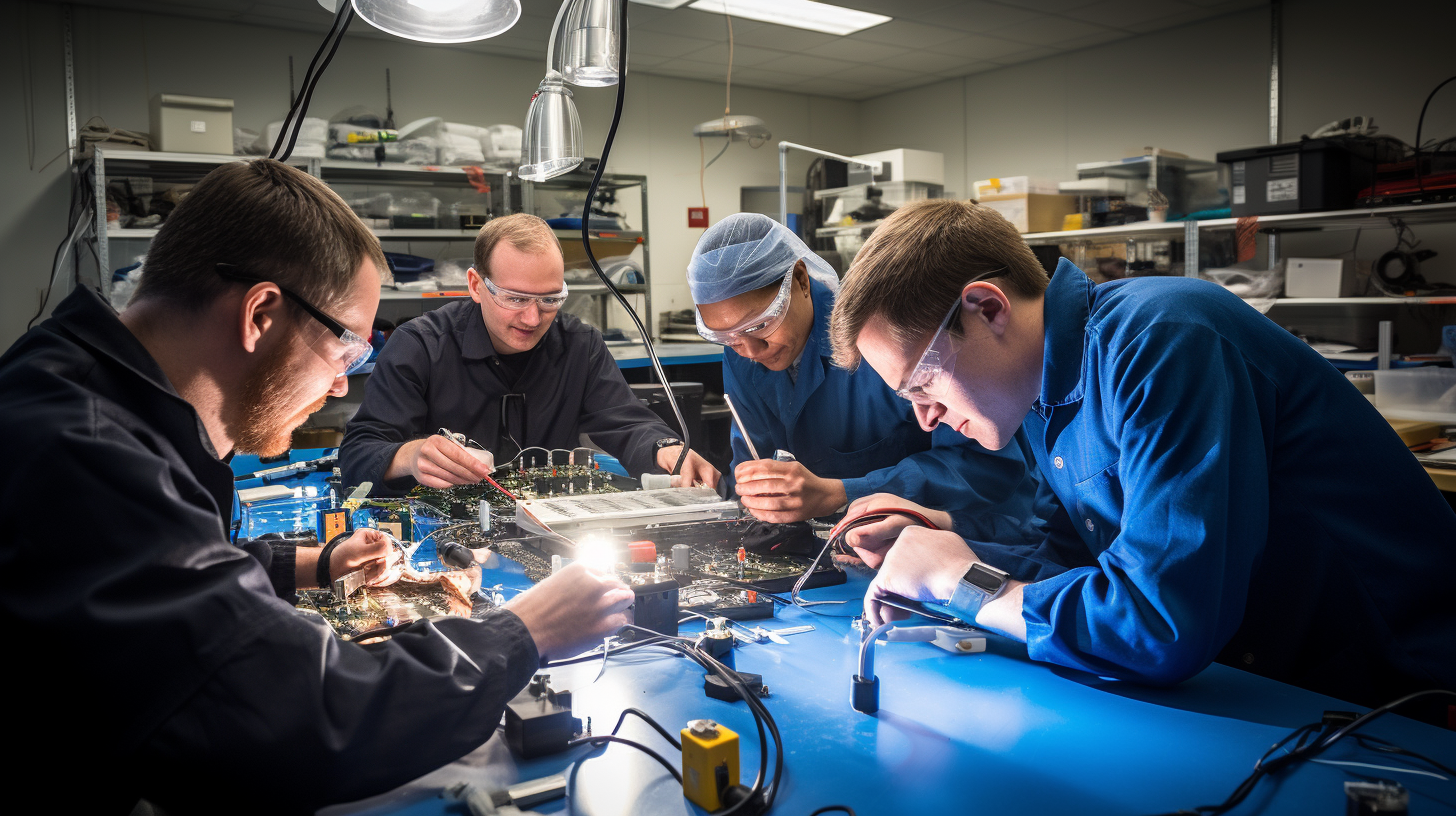 Eine Gruppe von Ingenieuren arbeitet in einem Labor an der Entwicklung von hoch-effizienten Solarzellen.
