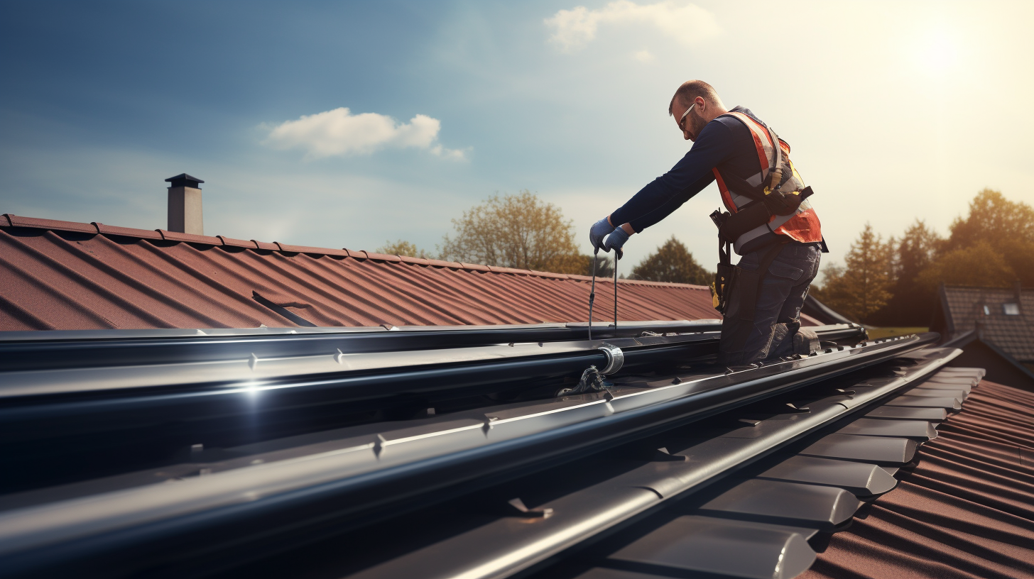 Ein erfahrener Techniker installiert unter einem sonnigen Himmel einen thermischen Solarkollektor auf einem Dach.