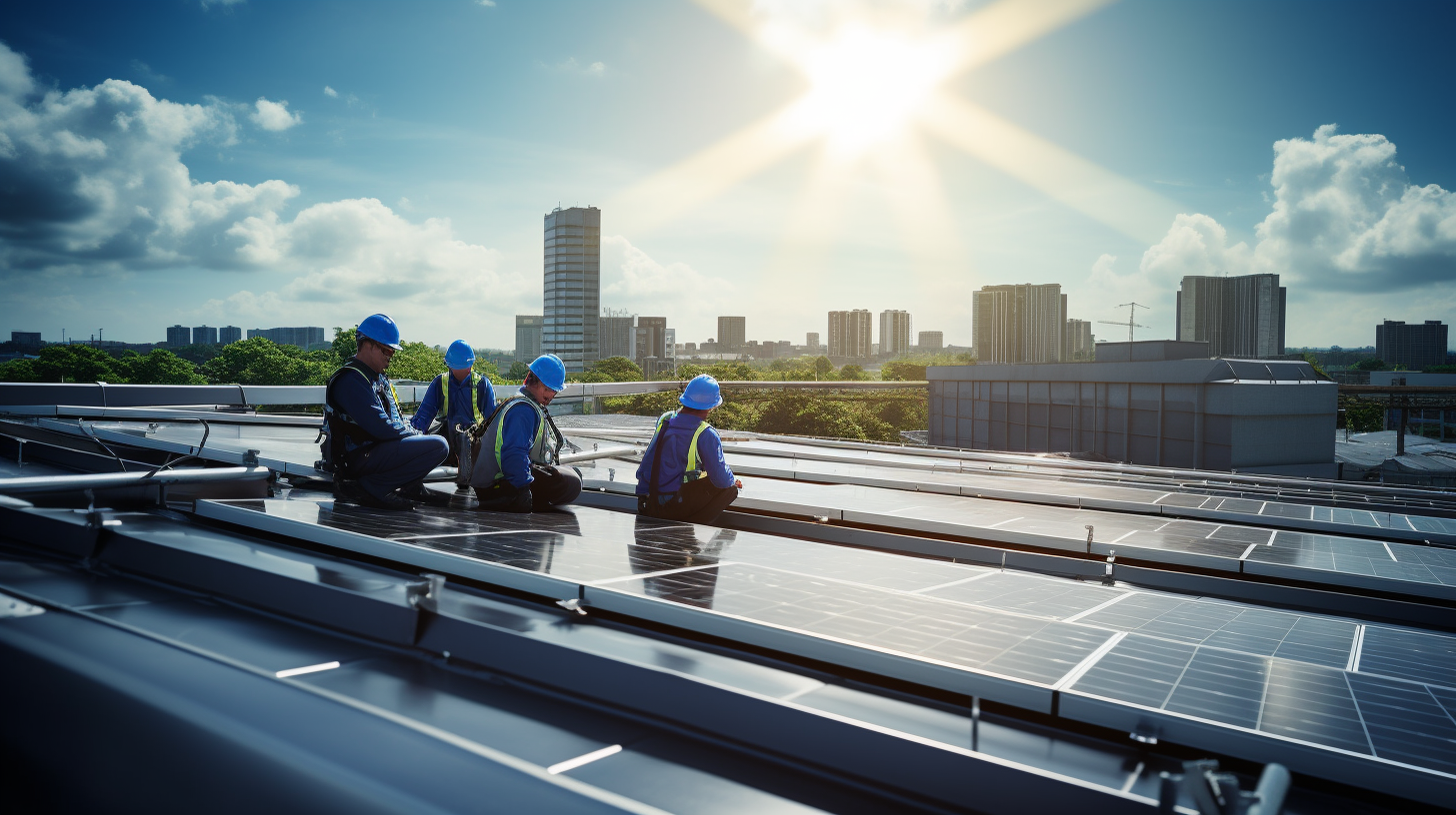 Eine Gruppe von Experten, ausgestattet mit Sicherheitsausrüstung, untersucht das Dach eines Gebäudes auf die ideale Stelle für die Installation von Solarmodulen.