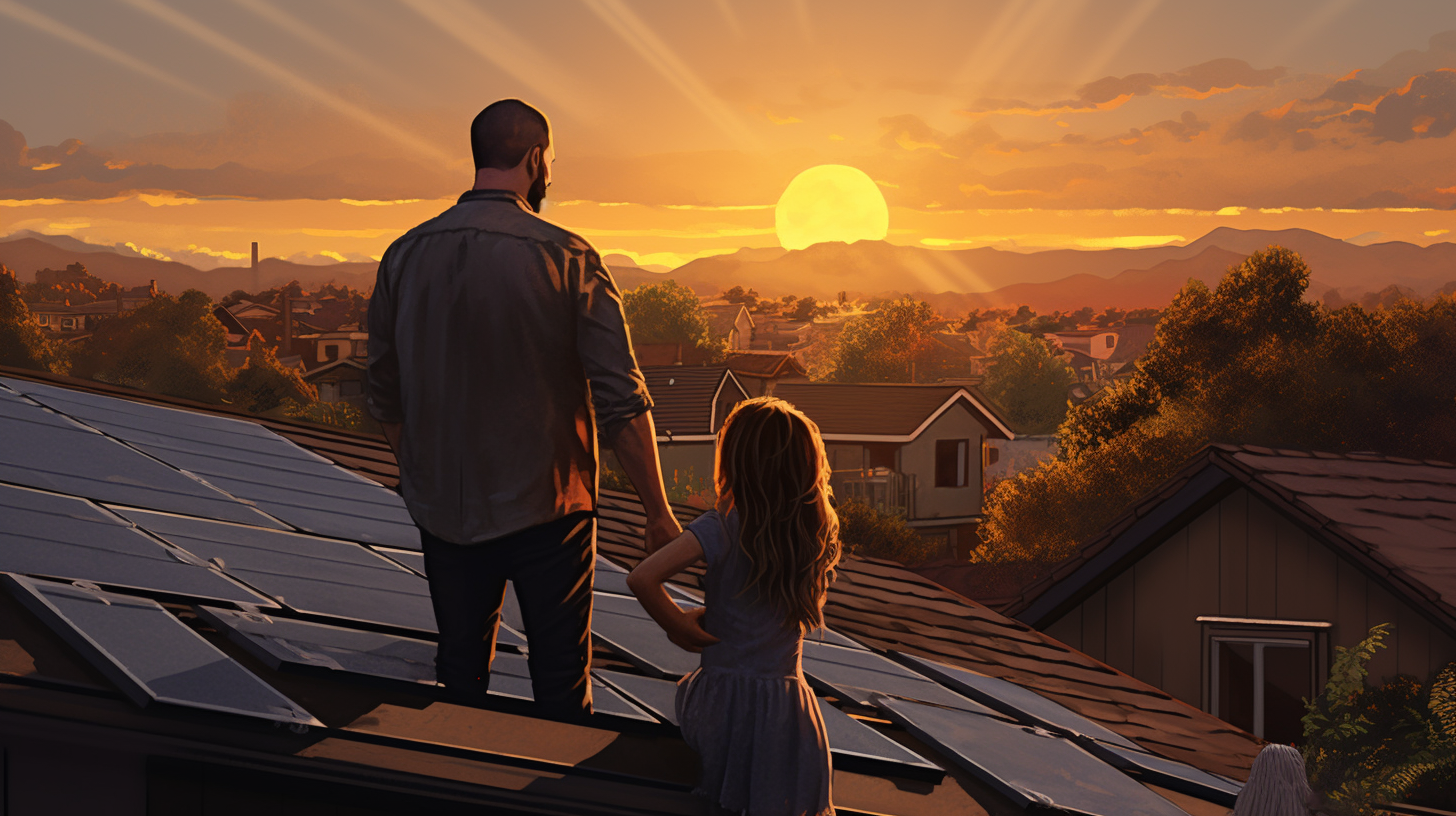 Eine glückliche Familie betrachtet ihr neu installiertes Solarpanelsystem auf dem Dach ihres Hauses, das die moderne Nutzung der Solartechnologie symbolisiert.